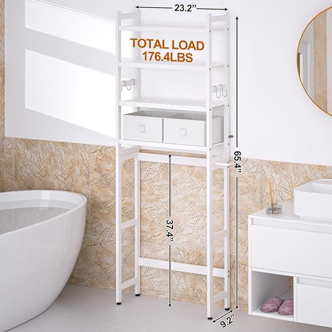 Cozivolife Over The Toilet Storage with 2 Baskets, 4-Tier Bamboo Organizer Rack with Paper Holder & 4 Hooks & Waterproof Feet Pad,Freestanding Shelf for Bathroom(White)