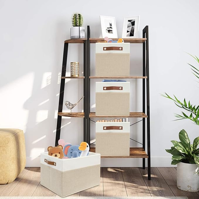 6 Pack Fabric Storage Baskets for Shelves, Closet Storage Bins for Shelves, Fabric Baskets for Organizing with Handles for Home and Office (White with Beige,15"L*10.2"W*9"H)
