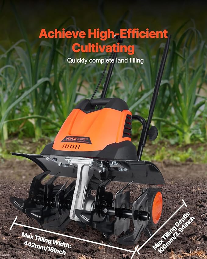 VEVOR 12 Amp Electric Tiller, 18" Tilling Width & 3.94" Tilling Depth, Corded Electric Cultivator with Adjustable Wheels, Steel Mn Tines, Rototiller for Garden Lawn Easy Soil Digging Cultivation