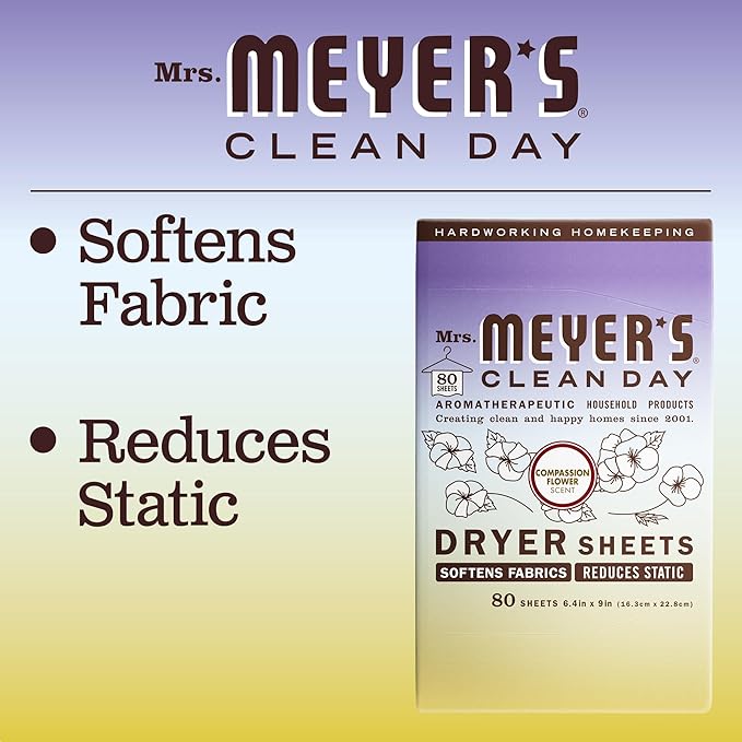 MRS. MEYER'S CLEAN DAY Dryer Sheets, Fabric Softener, Reduces Static, Infused with Essential Oils, Compassion Flower, 80 Count (Pack of 3)