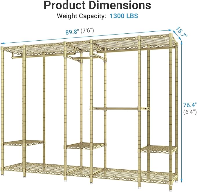 VIPEK V50 Gold Closet Rack, Extra Large Elegant Heavy-Duty Freestanding Wardrobe with Adjustable Shelves for Bedroom, Dressing Room, Retail Display, 1300 lb Capacity