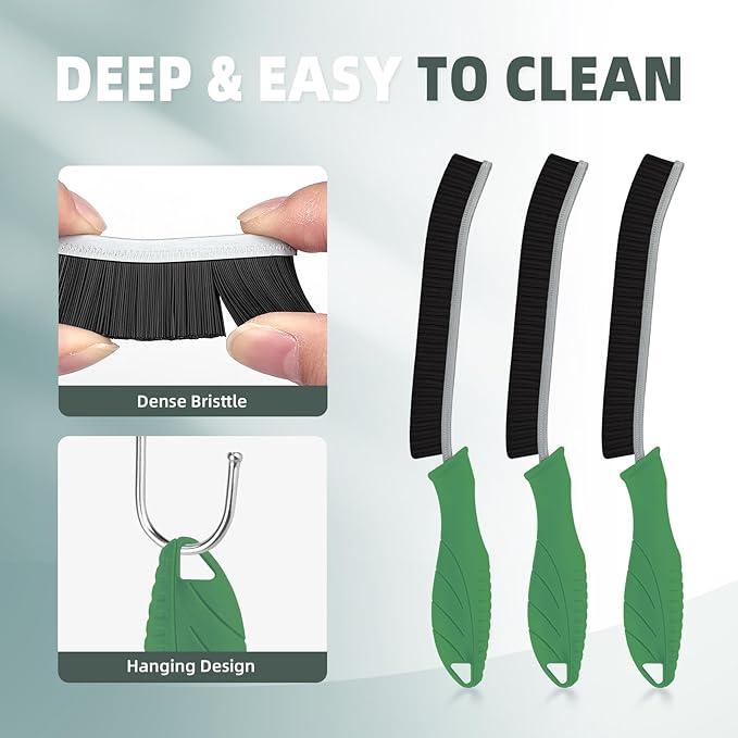 Hard Bristle Crevice Cleaning Brush - Cleaning Supplies - Household Crevice Cleaning Tools - Multi-Purpose Crevice Brushes for Kitchen, Toilet, Window, Vehicle, Faucets, Grout (3, Green)