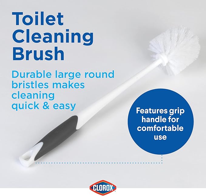 Clorox Toilet Plunger and Bowl Brush Combo Set with Caddy, 6.75" x 7" x 19.5", White/Gray, Pack of 2 - Plunger and Toilet Bowl Brush, Heavy Duty Plunger, Toilet Cleaning Brush, Freestanding Caddy