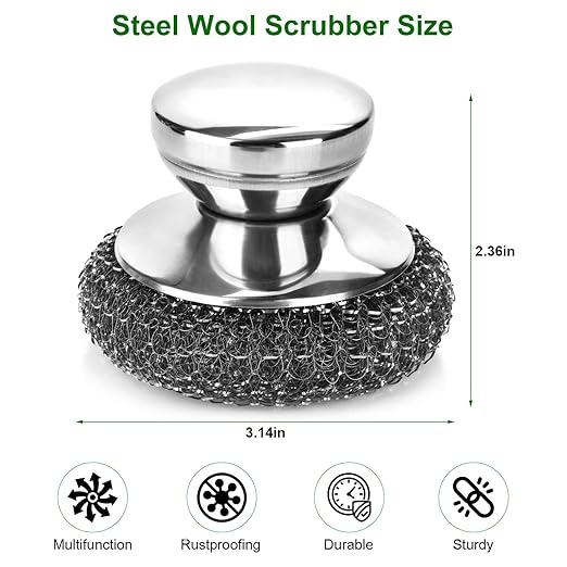 4PCS Steel Wool Scrubber Pads, Stainless Steel Scrubber Set with 3Pcs Steel Wool Pads, Steel Scrubber for Dishes, Ideal for Cleaning Cast Iron, Pots, Pans, Grills, Stoves, Sink, Kitchen Household