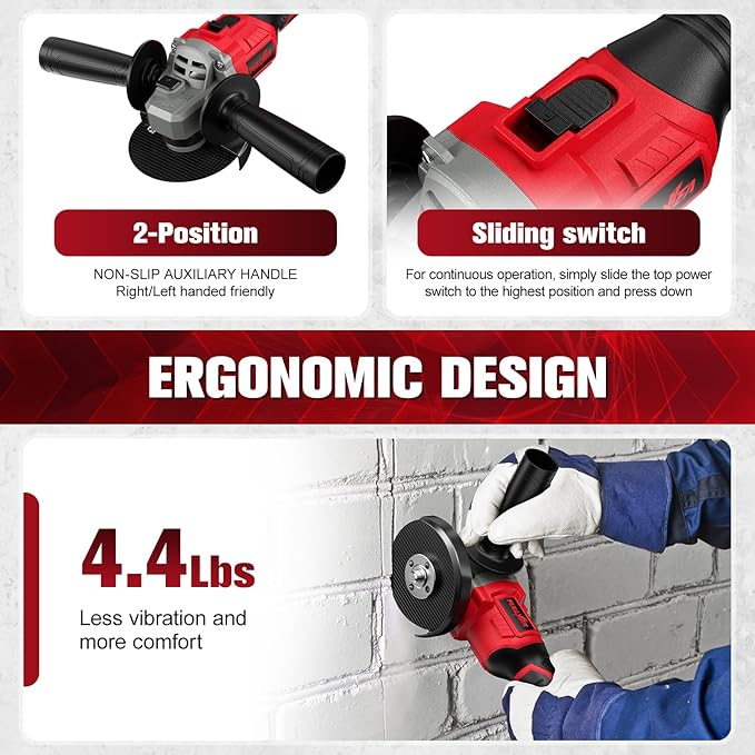 Cordless Angle Grinder 4-1/2 inch, 12000 RPM Brushless Metal Grinder Power Tools with 2x4.0Ah Battery, 3 Variable Speeds Angle Grinder with Auxiliary Handle for Cutting Grinding Polishing