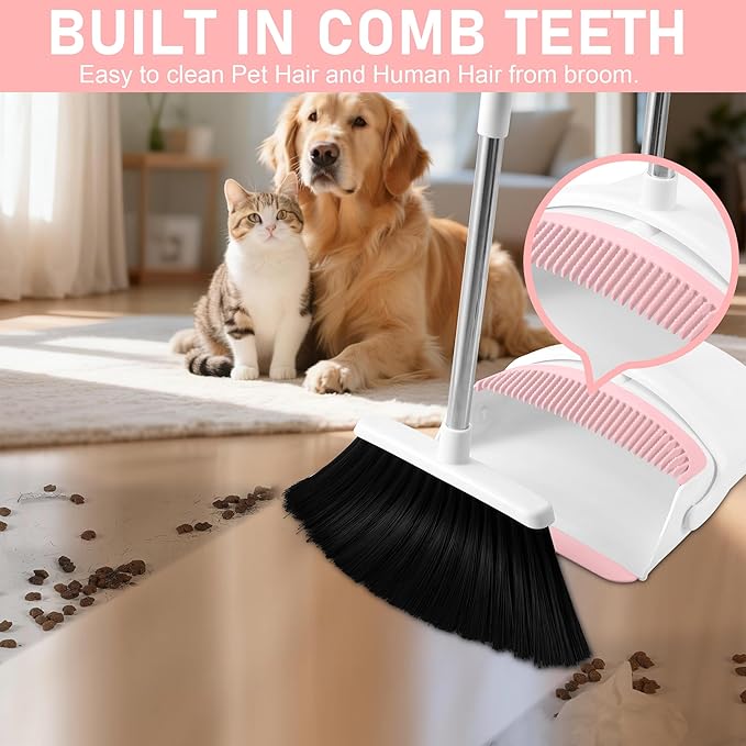 Broom with Dustpan Combo Set for Home 54-in Long Adjustable Handle Angle Broom and Dustpan Set with Dustpan Comb Teeth for Sweeping Pet Hair Food Dirt Kitchen