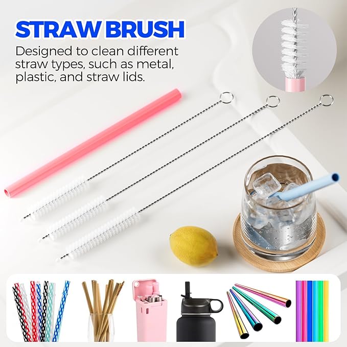 6 Pack Holikme 4 in 1 Cup Lid Cleaning Brush Set with 3 Straws, Multifunctional Bottle Brush, Silicone Cup Lid Gap Cleaner, Durable Bristle Crevice Cleaning Brush, Red
