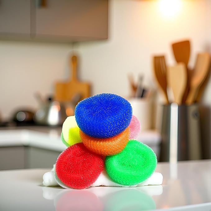6Pcs Random Color Plastic Cleaning Ball Dish Cleaner Brush,Non Scratch Round Dish Scrubbers,Nylon Scouring Pads,Mesh Scourers Poly Mesh Scouring Dish Pads Cleaning Supplies for Dishes,Dishwashing