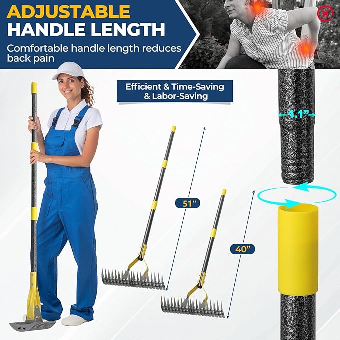 Thatch Rake, 51" Heavy Duty Metal Dethatcher Rake with 15" Wide Double-Edged Sharp Tines Thatch Rakes for Lawns,Dead Grass Removal,Soil Loosening,Lawn Care, Dethatching,Yard,Garden