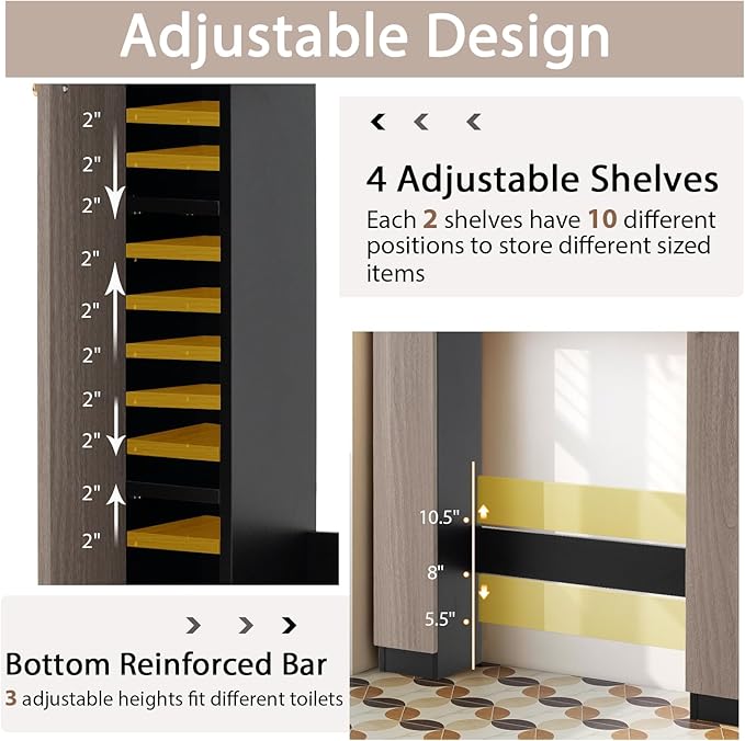 Giantex Short Over The Toilet Storage Cabinet, Bathroom Organizer w/2 Open Compartments & 4 Adjustable Shelves, Freestanding Space Saver Above Toilet Storage for Restroom, Laundry Room (Black+Oak)