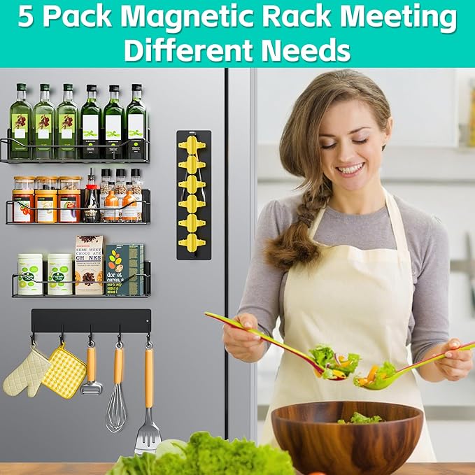 5 Pack Multifunctional Magnetic Shelves for Refrigerator Spice Rack & Washing Machine Organize, Include Towel Rack, Kitchen Utensil Hanger and Hooks, Strong Magnet for Secure Hold (Line style, Black)