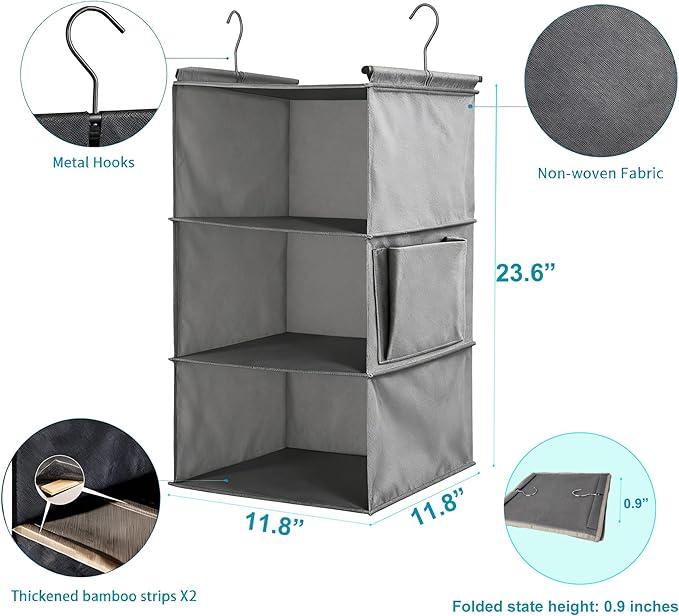 3-Tier Hanging Closet Organizer - Foldable Hanging Shelves for Closet, Space Saver Storage for Clothes, Sweaters, Shoes, Handbags & Accessories, Easy Setup, Grey
