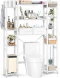 Besiost Over The Toilet Storage with 2 Drawers - 11 Tier Bathroom Organizer Freestanding Space Saver Storage Rack with Adjustable Shelf Above Toilet Stand with 4 Hooks for Restroom, Laundry, White