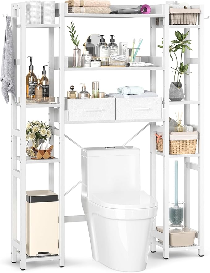 Besiost Over The Toilet Storage with 2 Drawers - 11 Tier Bathroom Organizer Freestanding Space Saver Storage Rack with Adjustable Shelf Above Toilet Stand with 4 Hooks for Restroom, Laundry, White