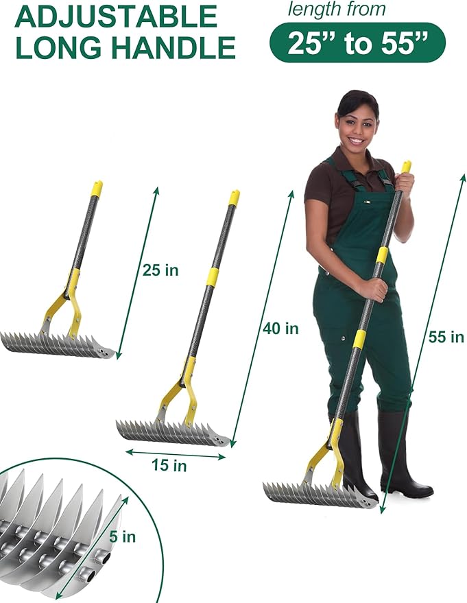Thatch Rake, 2-in-1 Lawns Manual Dethatcher with Adjustable Head, 55" Heavy Duty Metal Dethatching Rake Garden Tools, 19-Tooth Sharp Blade for Yard Dead Grass, Moss Removal, Soil Loosening