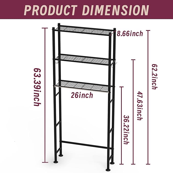 3-Tier Over The Toilet Storage Cabinet with Paper Holder and 4 Hooks, Metal Over Toilet Bathroom Organizer and Storage Shelf, Bathroom Shelves for Living Room/Laundry/Balcony(Black)