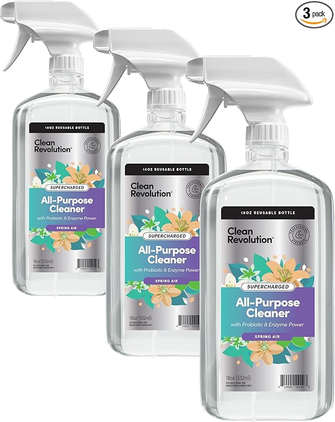 Clean Revolution SuperCharged Multi Surface Cleaner Refill Supply, Non-Toxic, Eco-Friendly & Plant-Based, Ready to Use, Spring Air, 18 oz (Pack of 3)