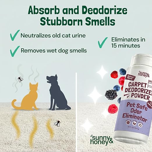 Sunny & Honey Carpet Deodorizer Powder - Pet Safe Freshener for Carpets, Pet Beds and Car Seats - Berry Odor Eliminator for Cat Urine and Wet Dog Smells (20 oz)