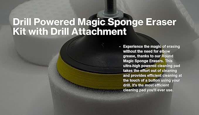 4.5” Drill Powered Magic Sponge Eraser 6 Pieces Kit with Drill Attachment | 25% Thicker Ultra Durable Melamine Cleaning Eraser Pads for Bathroom Kitchen Floors Walls Baseboards Crayon Marker and More