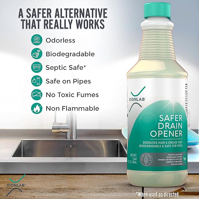 XionLab Safer, Greener Drain Clog Remover – Industrial-Strength Liquid Drain Cleaner for Hair & Grease – Septic Safe, Odorless, Biodegradable for Bathroom Sink, Bath Tub, & Shower Drain – 32 oz