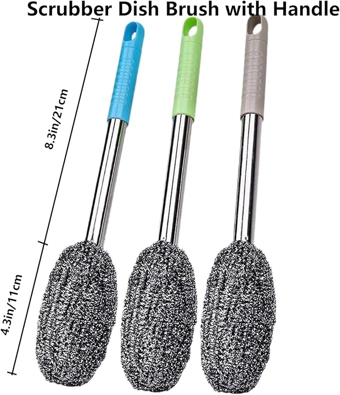 3-Pack Steel Wool Scrubber with Long Handle, Kitchen Dishwashing Pot Scrubber for Deep Cleaning