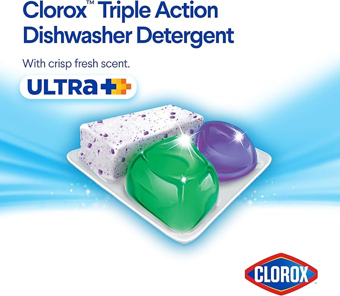 Clorox Ultra+ Dishwasher Detergent Pacs, 60 Count, Stain Fighting, No Prewash Needed, Removes Burnt-on Food, Crisp Fresh Scent Pods - Packaging May Vary