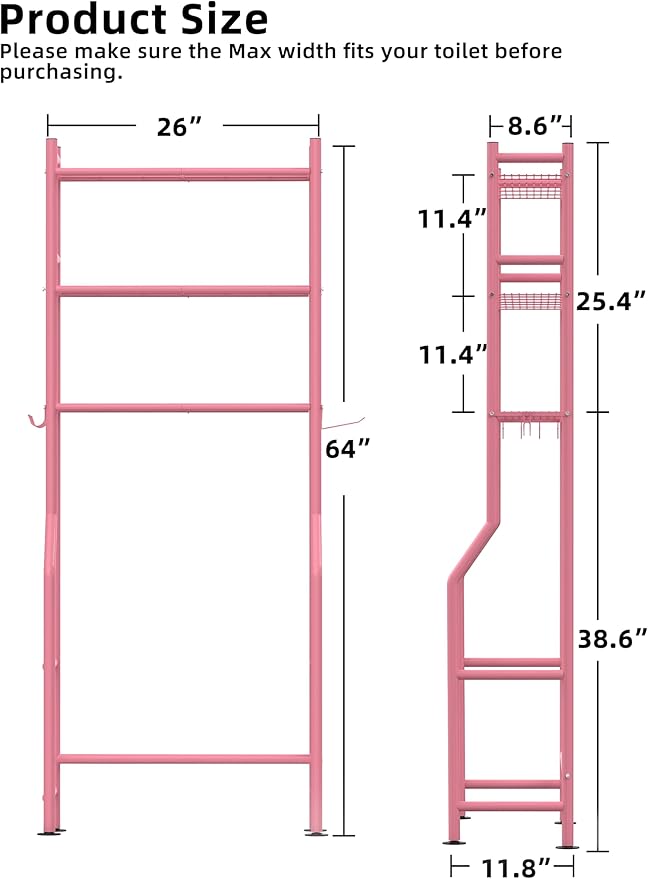 Livilord 3-Tier Over The Toilet Storage, Freestanding Metal Bathroom Shelves with 4 Hooks, Over Toilet Storage Shelf with Paper Holder, Above The Toilet Shelf for Bathroom Storage, Pink