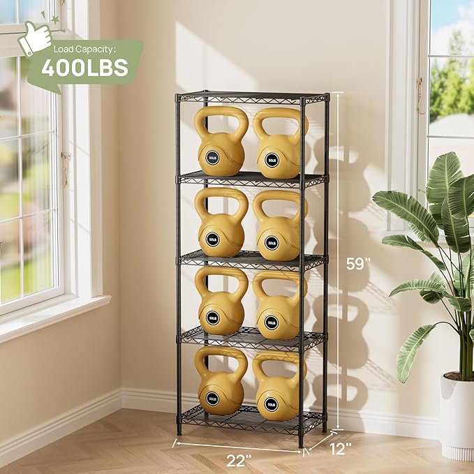 Golpart 5 Tier Adjustable Storage Shelves Heavy Duty Metal Utility Shelf 500LBS Capacity Wire Shelving Unit Organizer Rack for Home Kitchen Office Bathroom Pantry Room 12" D x 22" W x 59" H Black