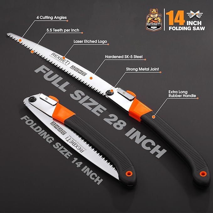 REXBETI Folding Saw, Extra Long 14 Inch Blade Backpacking Saws for Hiking Camping, Dry Wood Trimming Pruning Saw With 4 Cutting Angle Hard Teeth, Large Garden Saws with SK-5 Steel