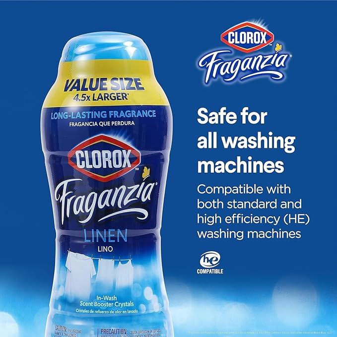 Clorox Fraganzia Laundry Scent Booster Crystals, In-Wash Fragrance Beads for Fresh-Smelling Clothes & Linens, Safe for All Fabrics & Colors, Easy-Pour Bottle, Linen Scent, 70 Oz - 6 Pack