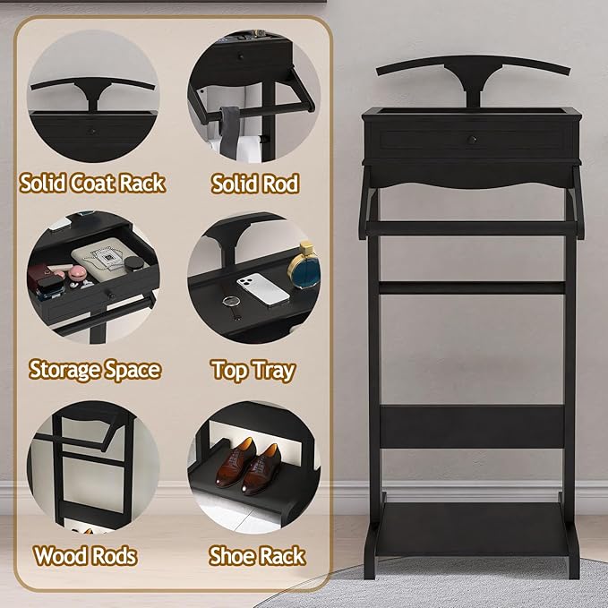 Wood Mens Valet Stand,Freestanding Suit Stand&Clothes Butler Valet Stand with Hanger,Tie&Belt Hooks,Shoe Rack,Storage Organizer for Keys,Watches,Wallet,Jewelry in Entrance,Bedroom (Styel 3, Black)