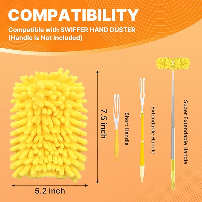Reusable Duster Refill Compatible with Swiffer Hand Duster, 360 Duster Refills Only, Washable Pet Heavy Duty Dusters Refills for Swiffer Duster 3ft 6ft Extended Handle, 6 Pack (Handle is Not Included)
