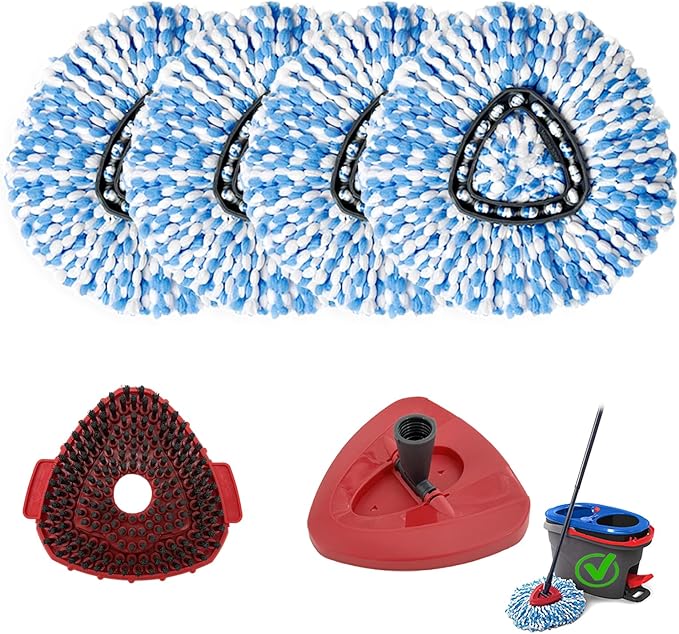 6PCS Spin Mop Replacement Heads,with Only Fit for RinseClean 2-Tank System,Machine Washable & Easy to Replace.Including 4 Spin mop Replacement Heads, 1 Brush Head and 1 Base