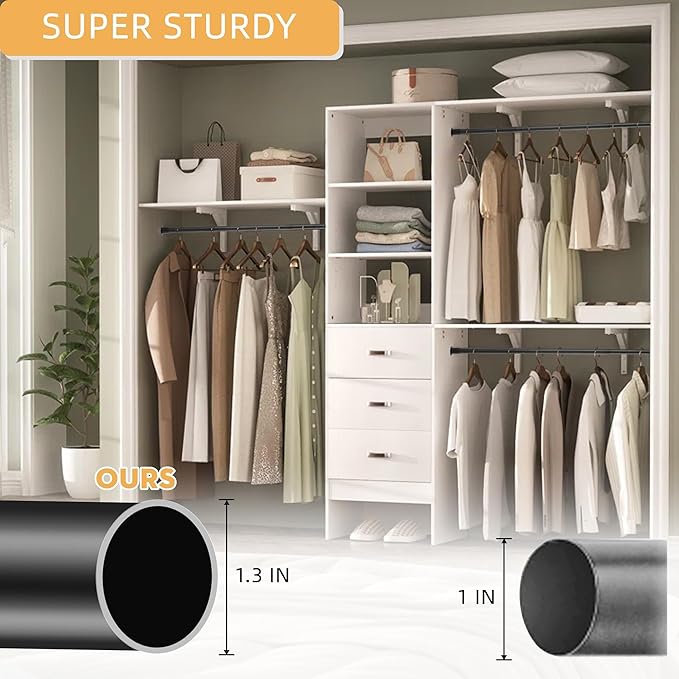Closet Rods for Hanging Clothes, 1.3 Inch Diameter Heavy Duty Closet Rod 17-64 Inch Adjustable, Metal Closet Poles for Hanging Clothes, Matte Black Bar for Closet, Wardrobes, Bathroom, Windows