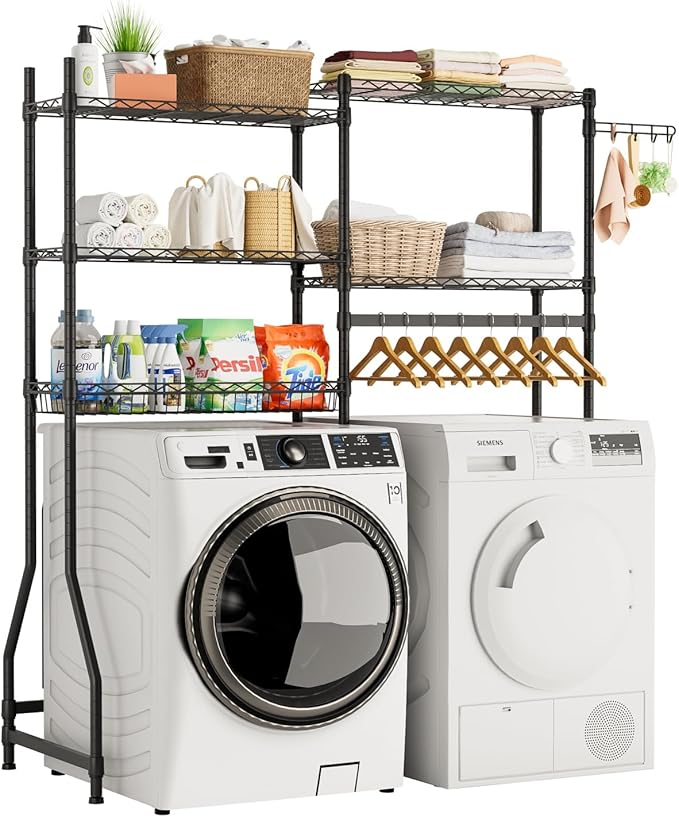 Golpart Over Washer and Dryer Shelves,Heavy Duty Laundry Room Storage Organization Clothes Drying Rack,5 Tier Adjustable Height Wire Shelving and Wire Basket with Hanger Rod&Hook,Space Saving Shelf | Heavy Duty, Clothes Drying Rack, Adjustable Height, ...