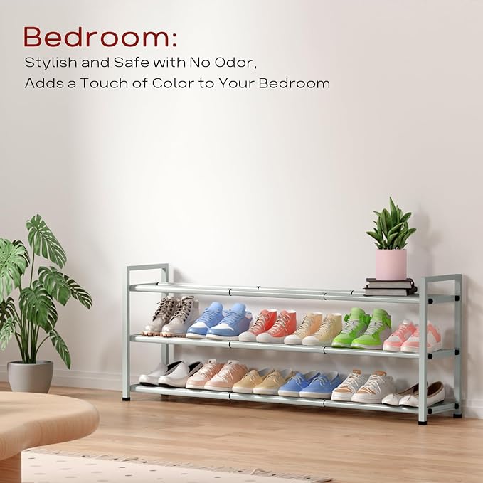 Bumusty 3-Tier Long Expandable Shoe Rack for Closet, 18"-44" Adjustable Shoe Rack for Entryway, 15-18 Pairs Large Shoe Organizer Shelf Storage, Sturdy Metal, Green