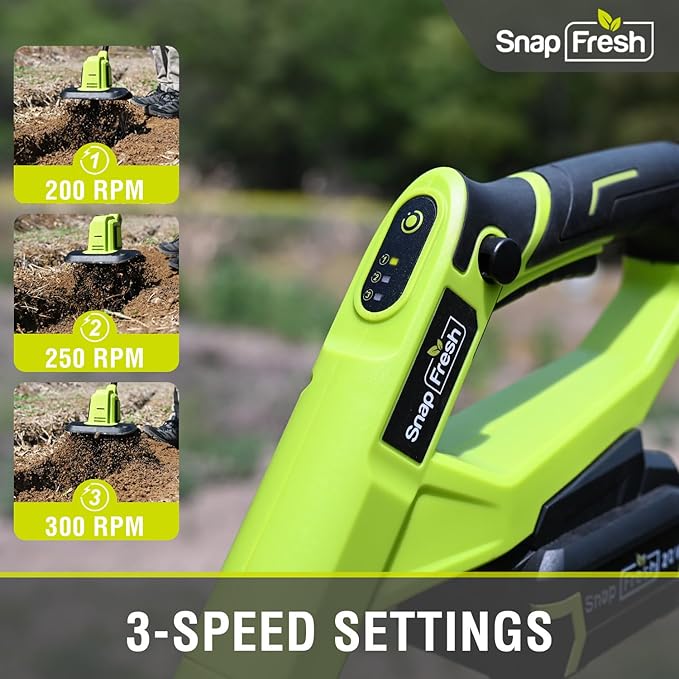 SnapFresh Cordless Tiller Cultivator, 20V Electric Garden Tiller with 4.0Ah Battery and Fast Charger, 300 RPM Battery Powered Rototiller, 9" Width 6.6" Depth, 3 Speed Handheld Tiller with Steel Tines