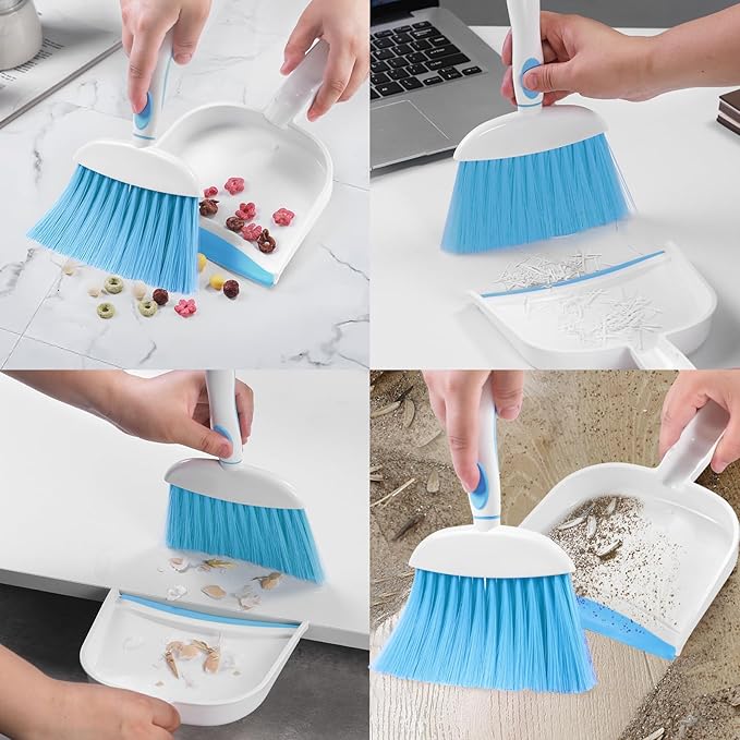 NACENA Small Dust Pan and Brush Set, Mini Broom and Dustpan Set Small Hand Broom and Brush Combo Dust Pan for Home Cleaning Drawers Desktop Sofas and Outdoor, Dark & Blue