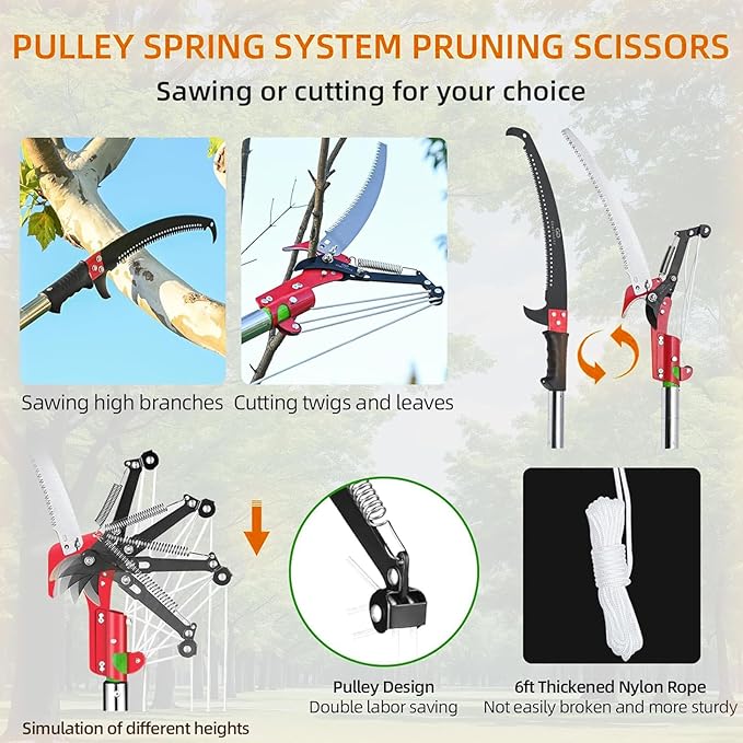 Manual Pole Saw for Tree Trimming, 27 FT Manual tree purner with 8 Fiberglass Handles, Sharp steel Blade and Scissors, Easy to Carry and Extendable Design for Tree Maintenance, Orange