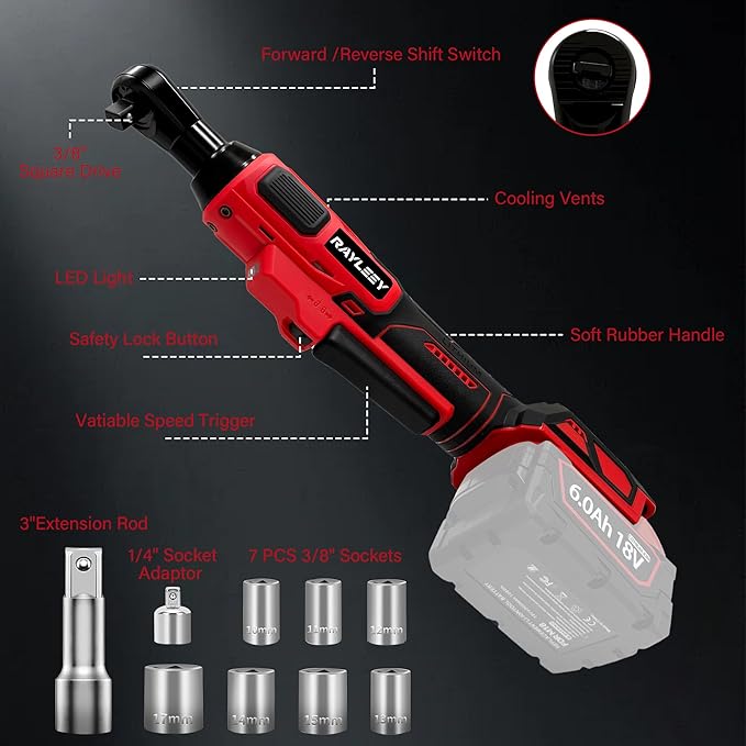 3/8" Cordless Ratchet Wrench for Milwaukee 18V Battery, 45 Ft-lbs(60 N.m) Power Electric Ratchet Tool Kit, Variable Speed Control, 7 Sockets, 1/4"Adapter & 3" Extension Bar (Tool Only)