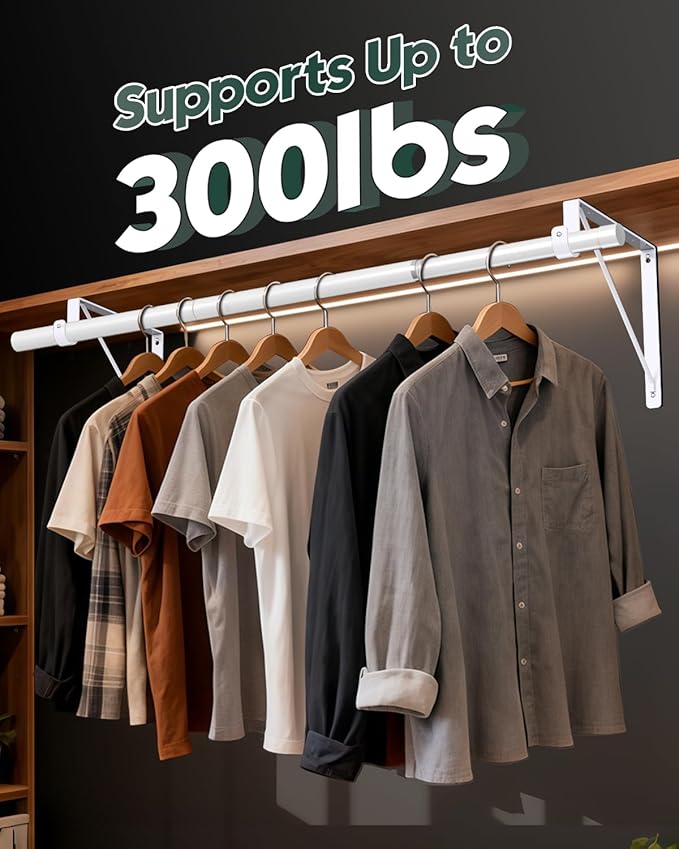 Supforce 6 Pack Closet Rod Bracket, Heavy Duty Closet Rod Support with Rod Holder, Wall Mounted Closet Shelf Brackets with Triangle Stabilizing Design for Closet, Bathroom and Kitchen, White