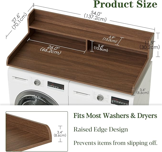 2-Tier Washer Dryer Countertop, Laundry Room Organization and Storage, 27.6" x 54" Wood Laundry Countertop for Washer and Dryer, Walnut