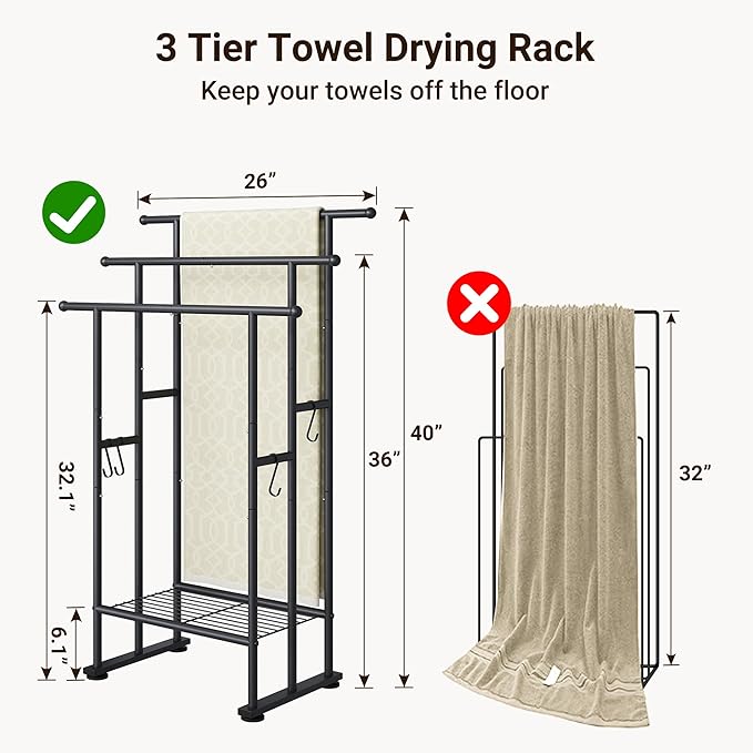ELYKEN 3 Tier Standing Towel Rack, 40'' Tall Towel Drying Rack Outdoor, Freestanding Floor Towel Rack with Shelf, Pool Towel Blanket Stand, Metal Towel Racks for Bathroom freestanding, Matte Black