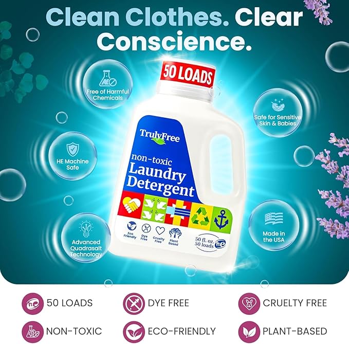 Truly Free Natural Laundry Detergent for Sensitive Skin | Eco Friendly, Plant Based, Baby Clothes Safe | Clean & Easy Powder to Liquid, 4 Pack Refill Detergent, NO Jug | Signature Scent, 200 Loads