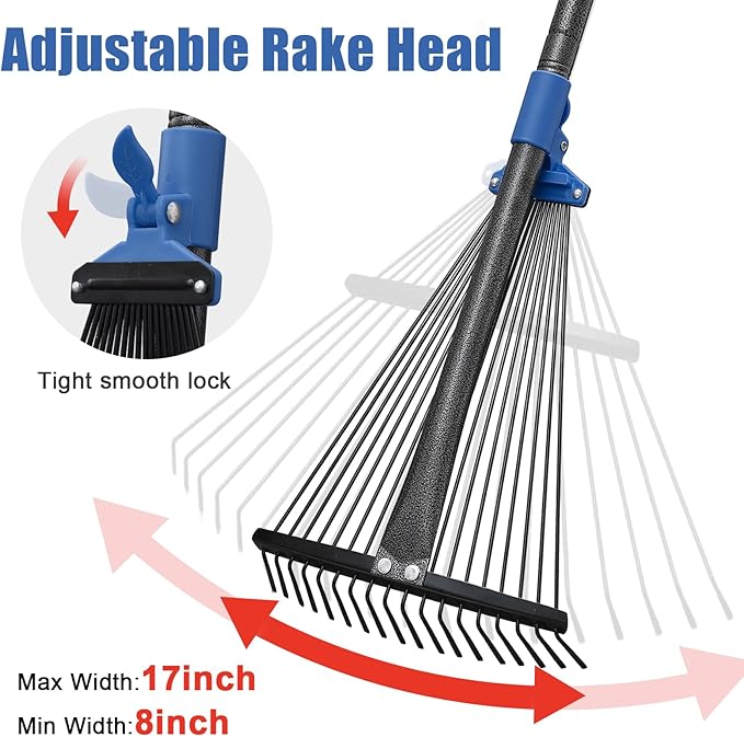 Adjustable Metal Leaf Rake Long Handle, 48 inch Garden Rakes for Lawns Heavy Duty Leaves with Expandable Head 8-17", Yard Women Kids Rake for Gardening RV Camping