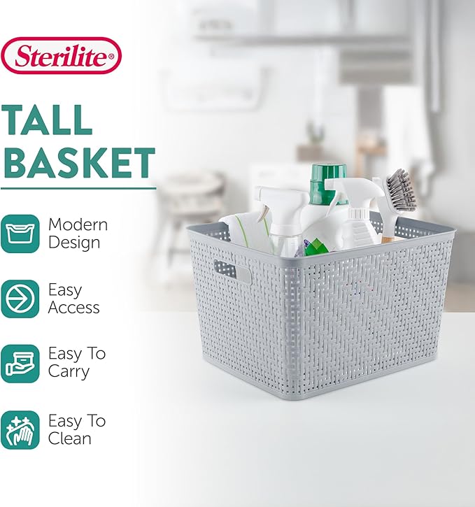 Sterilite 6-Pack Tall Basket, Woven Plastic Storage Baskets for Organization, Cement - Organizing Bin Containers with Handles for Bedroom, Bathroom, Dorm, and Closet
