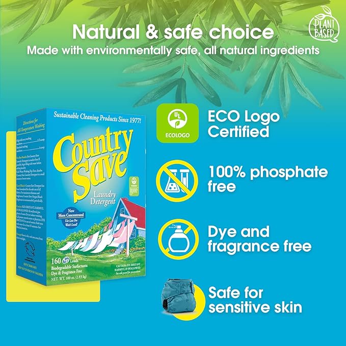 - HE Natural Laundry Detergent Clear and Free of Fillers and Chemicals - Sensitive Washing Detergent Safe for Babies - Country Save Laundry Detergent, 100 oz (160 loads)