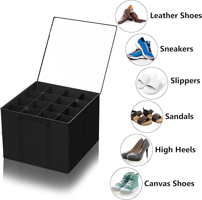 SUOCO 2 Pack Shoe Organizer for Closet, Fits up to 32 Pairs, Small Space Shoe Storage Boxes Bins Containers w/Adjustable Dividers and Clear Top, Black