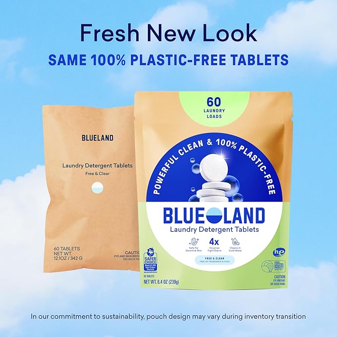 BLUELAND Laundry Detergent Tablets, 60 Count, Plastic-Free Eco-Friendly Pods, Sheets, Liquid Alternative - Fragrance Free and Clear, Natural, Gentle