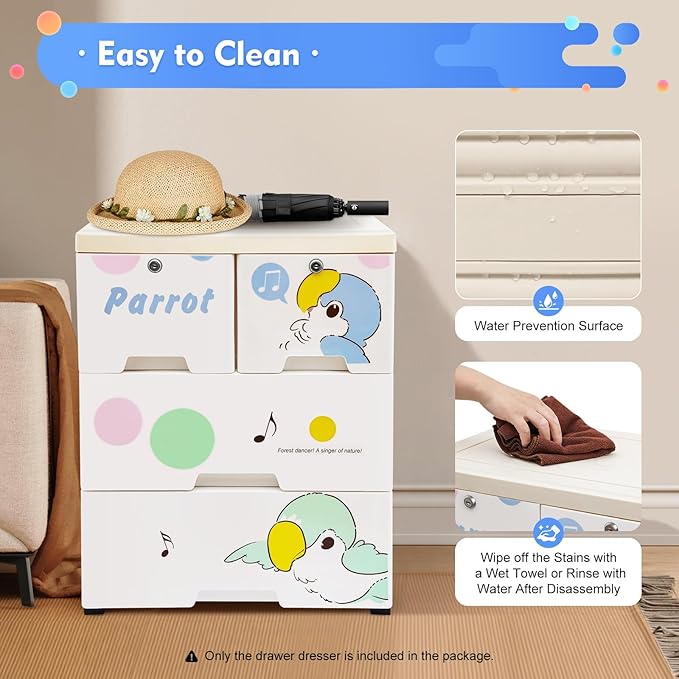 Rolling Parrot Plastic Dresser Storage Cabinet w/Lock, 6 Drawers Plastic Drawers Dresser Closet Drawers Tall Dresser Organizer for Clothes Playroom Bedroom Furniture, Multi-Color